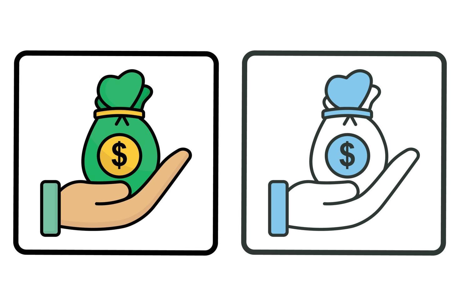 Donation icon illustration. Hand with money bag. Icon related to charity. Two tone icon style, flat line. Simple vector design editable