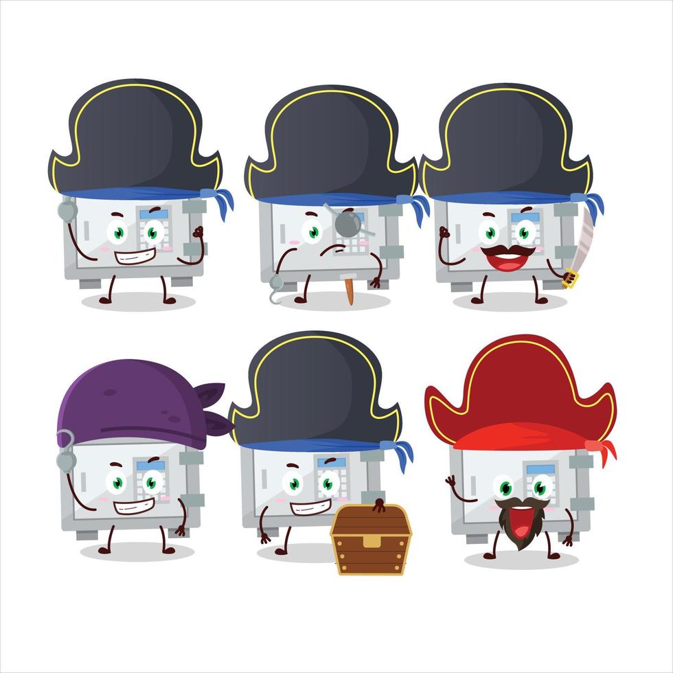 Cartoon character of digital safe box with various pirates emoticons vector