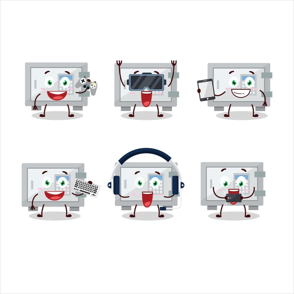 Digital safe box cartoon character are playing games with various cute emoticons vector