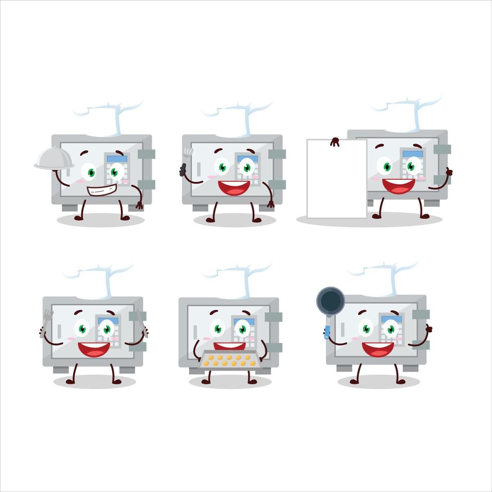 Cartoon character of digital safe box with various chef emoticons vector