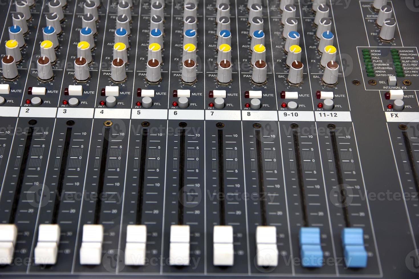 Audio sound mixer console. Music mixer control panel in a recording studio. Audio mixing console with faders and adjusting knob. photo