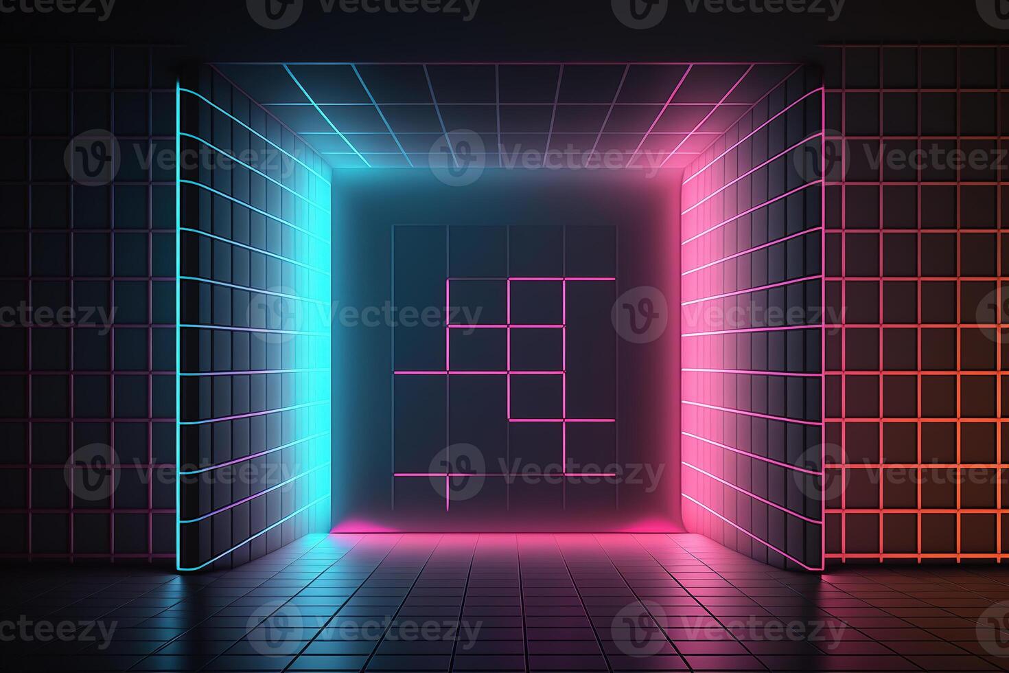 Neon Light Retro Background Futuristic Grid Landscape of the 80s, Digital Cyber Surface. photo