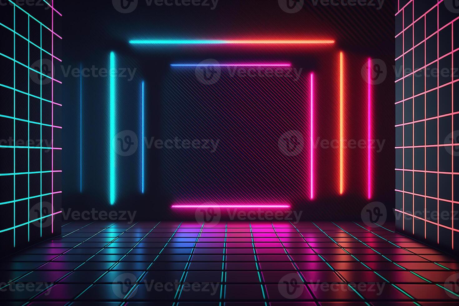 Neon Light Retro Background Futuristic Grid Landscape of the 80s, Digital Cyber Surface. photo