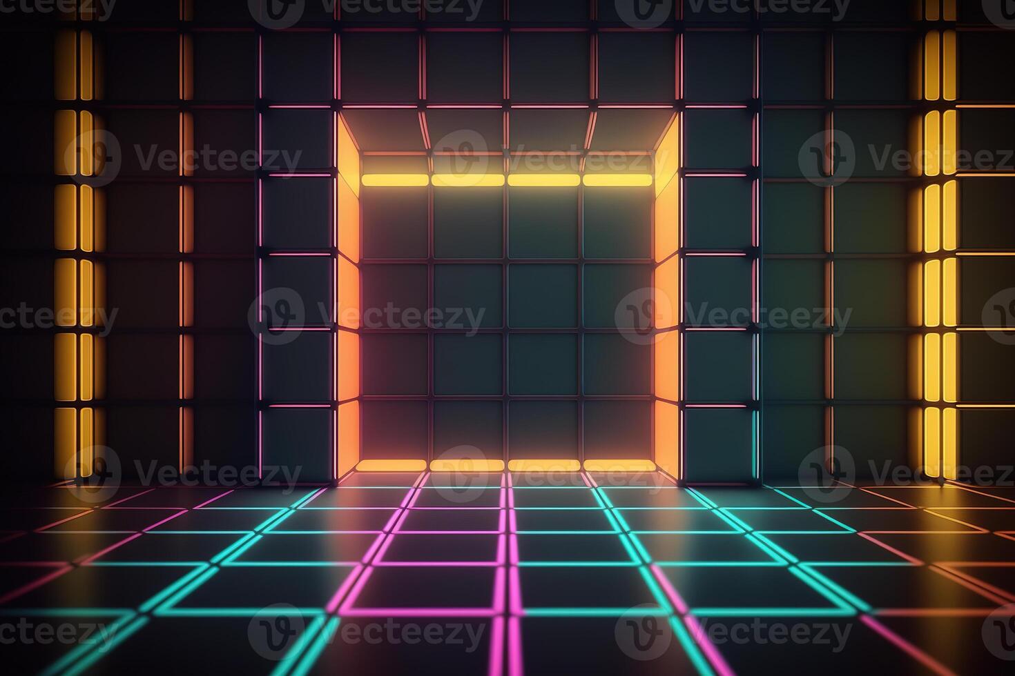 Neon Light Retro Background Futuristic Grid Landscape of the 80s, Digital Cyber Surface. photo