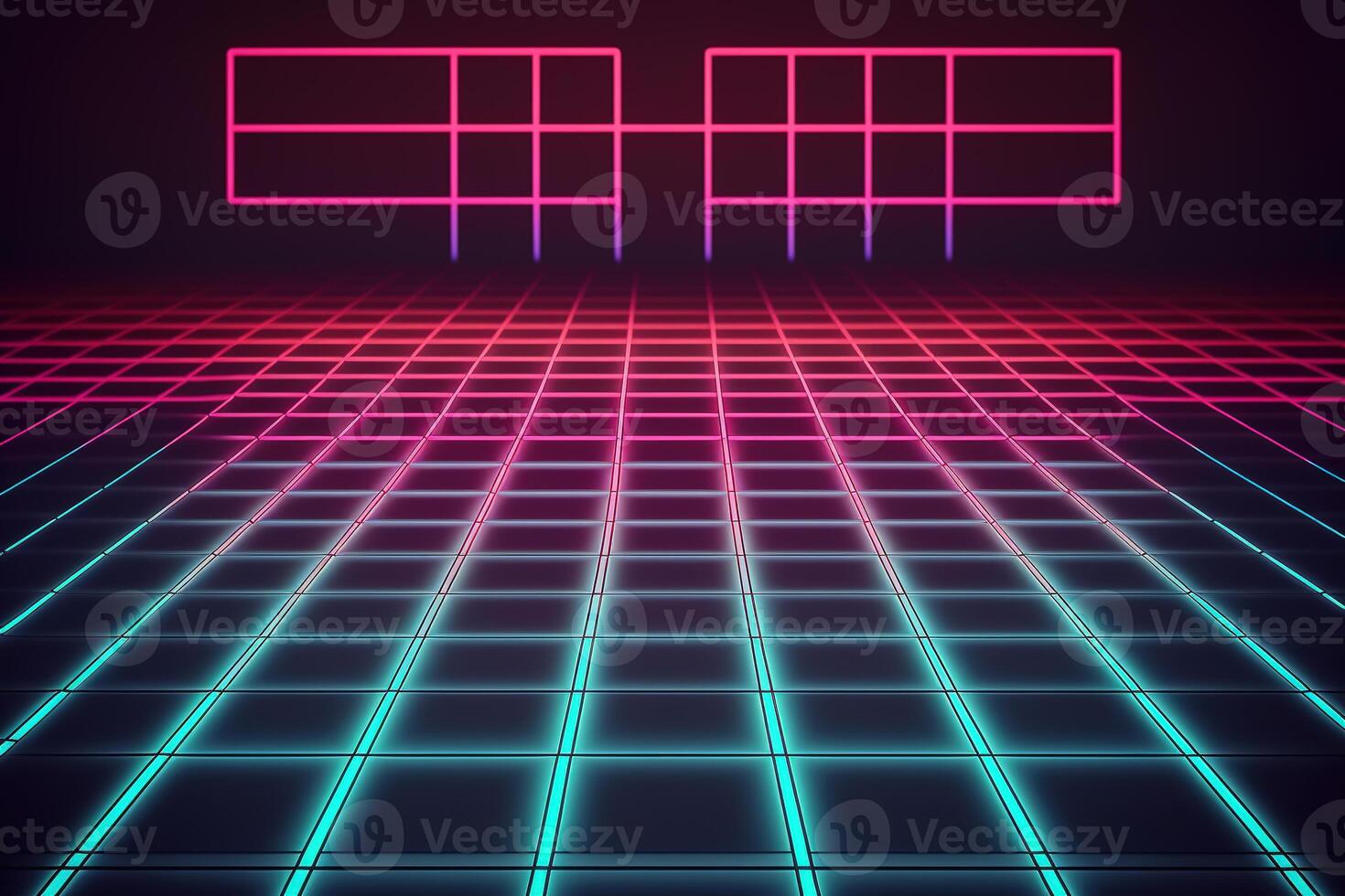 Neon Light Retro Background Futuristic Grid Landscape of the 80s, Digital Cyber Surface. photo