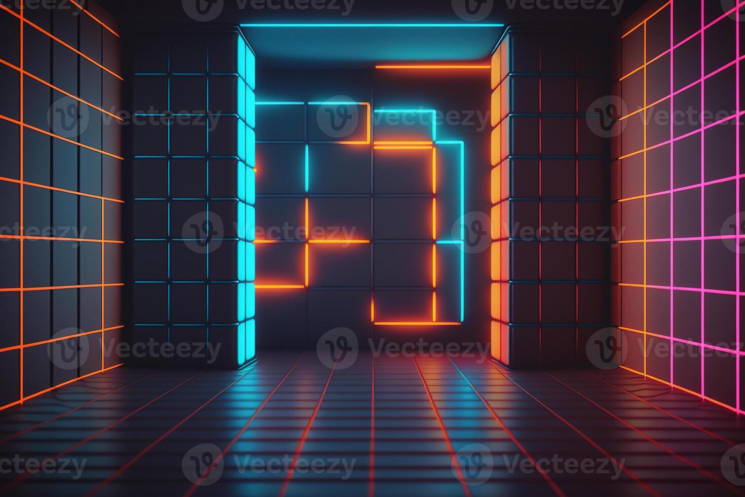 Neon Light Retro Background Futuristic Grid Landscape of the 80s, Digital Cyber Surface. photo