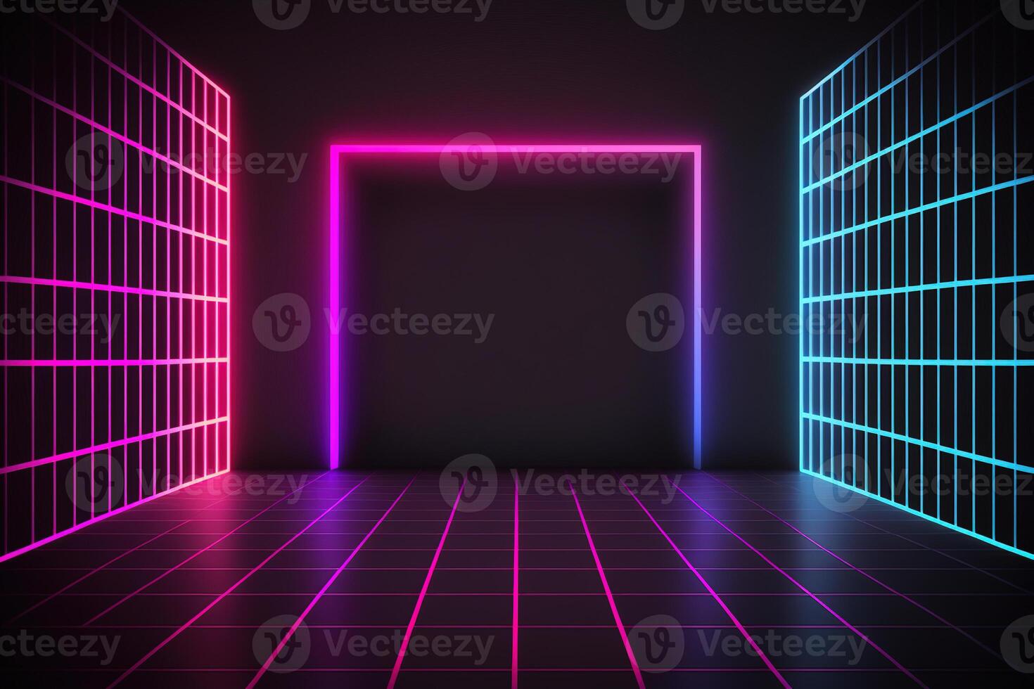 Neon Light Retro Background Futuristic Grid Landscape of the 80s, Digital Cyber Surface. photo