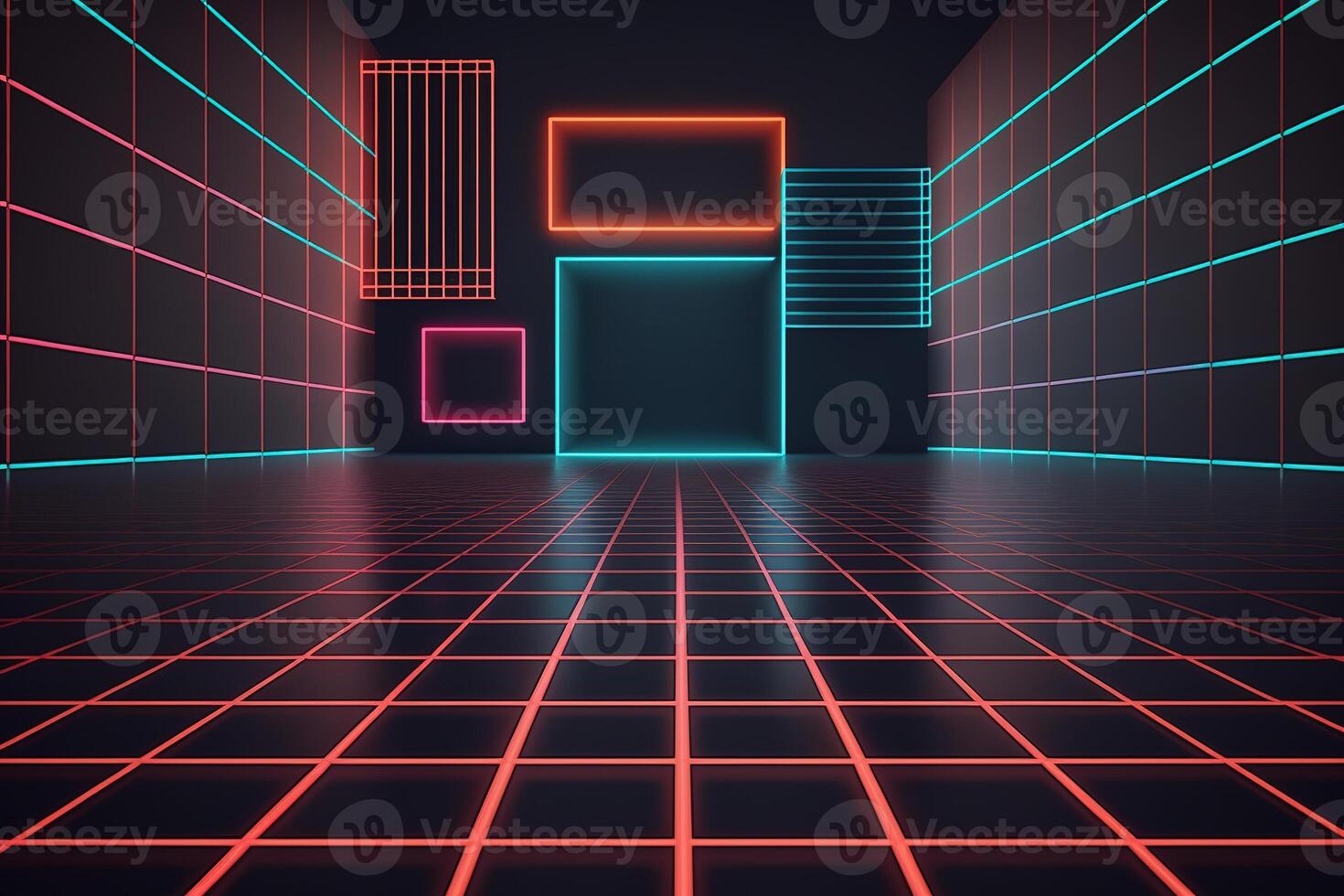 Neon Light Retro Background Futuristic Grid Landscape of the 80s, Digital Cyber Surface. photo