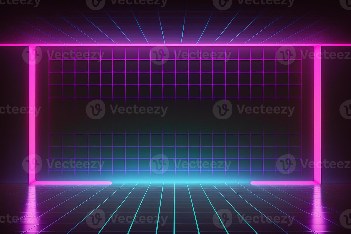 Neon Light Retro Background Futuristic Grid Landscape of the 80s, Digital Cyber Surface. photo