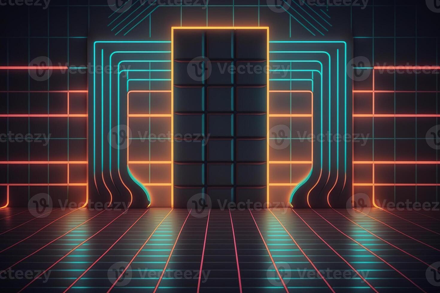 Neon Light Retro Background Futuristic Grid Landscape of the 80s, Digital Cyber Surface. photo