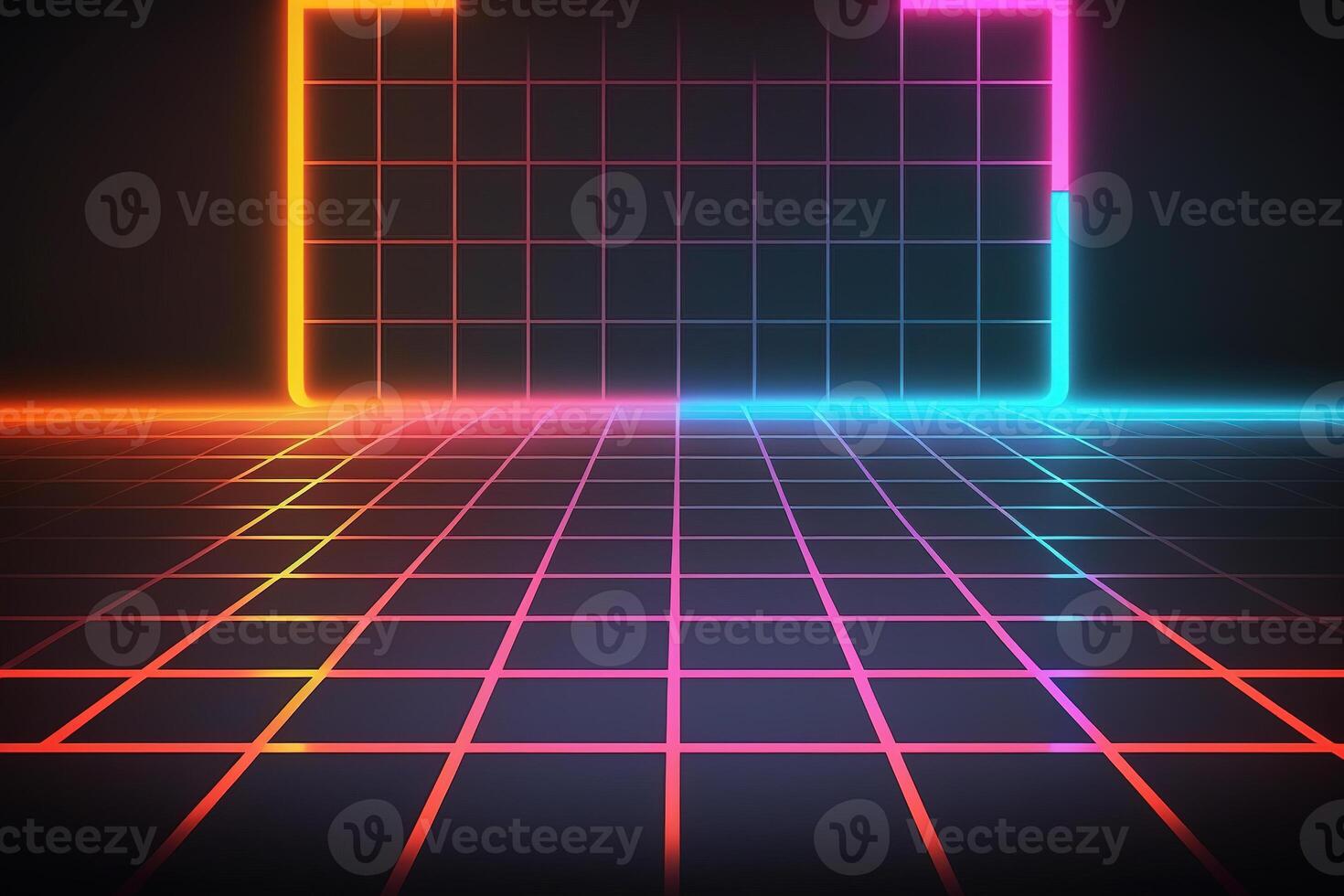 Neon Light Retro Background Futuristic Grid Landscape of the 80s, Digital Cyber Surface. photo