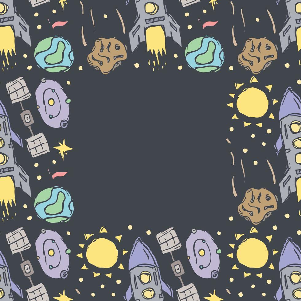 Seamless space frame. Cosmos background. Doodle vector space illustration