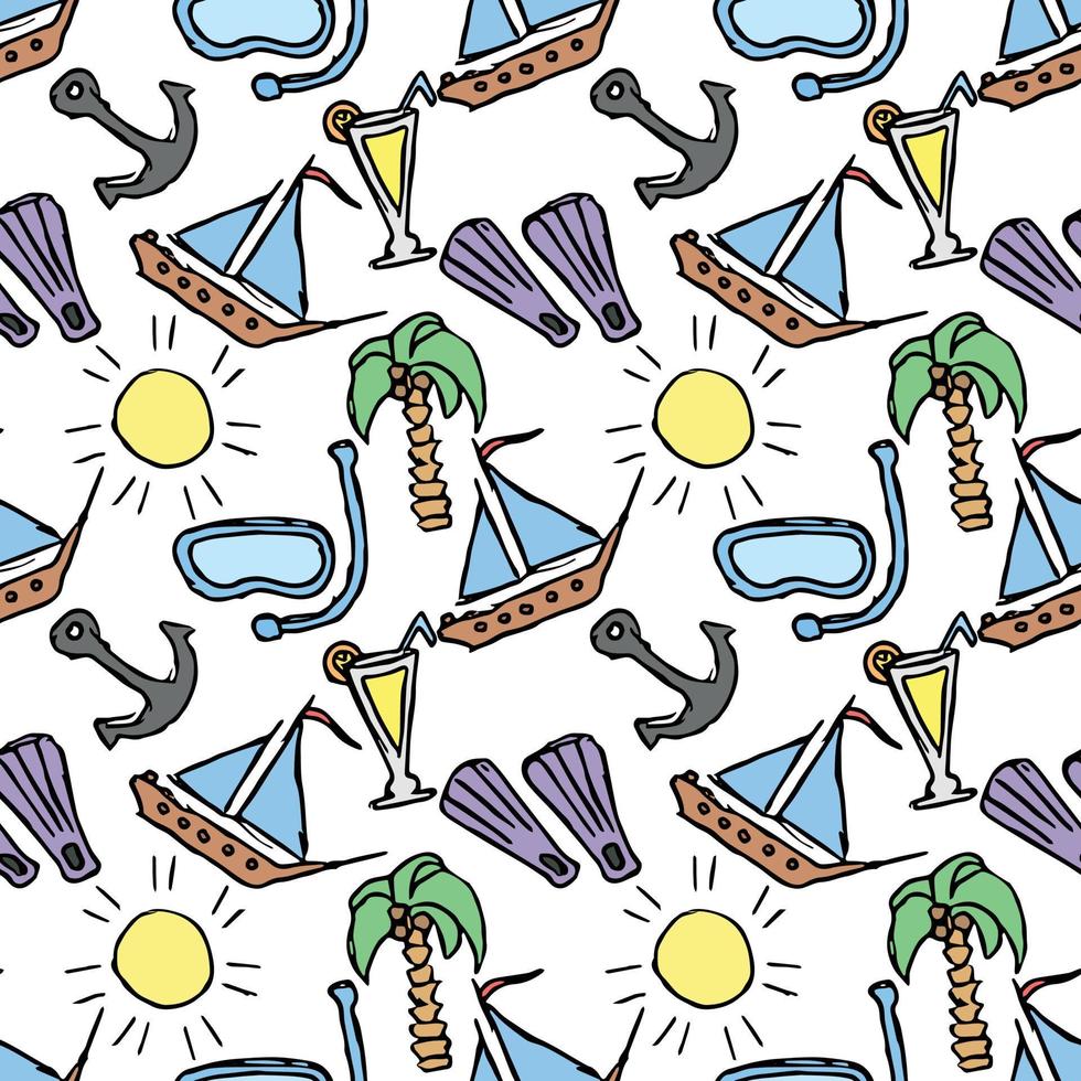 Summer seamless pattern. travel background. Travel vacation set of icons, journey and trip background. Doodle summer icons vector