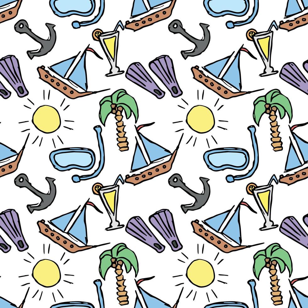 Summer seamless pattern. travel background. Travel vacation set of icons, journey and trip background. Doodle summer icons vector