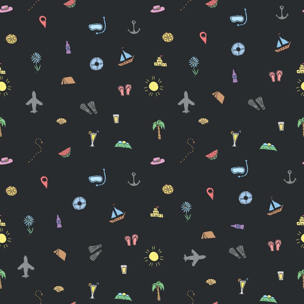 Summer seamless pattern. travel background. Travel vacation set of icons, journey and trip background. Doodle summer travel icons vector