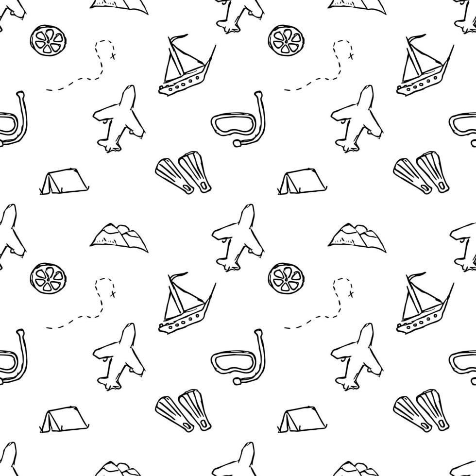 Summer seamless pattern. travel background. Travel vacation set of icons, journey and trip background. Doodle summer icons vector