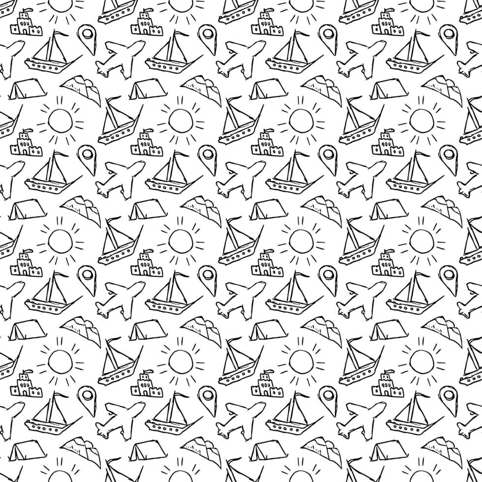 Summer seamless pattern. travel background. Travel vacation set of icons, journey and trip background. Doodle summer icons vector