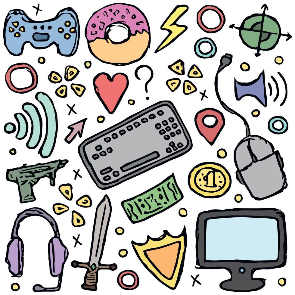 Gaming icons. Doodle gamingbackground vector