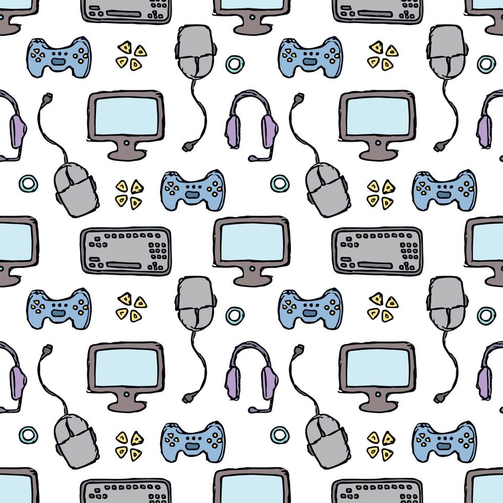 Seamless gaming pattern. Doodle background with gaming icons vector