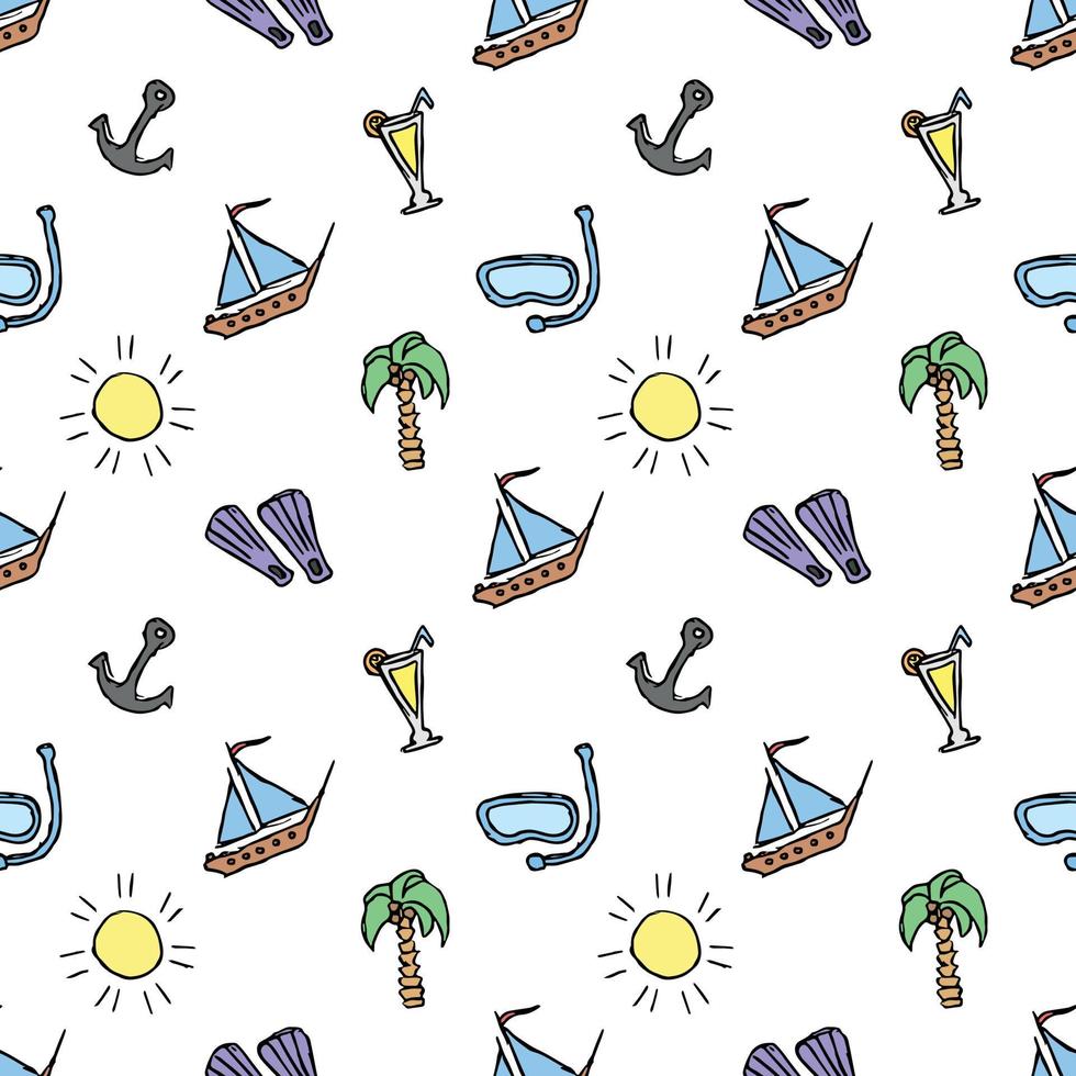 Summer seamless pattern. travel background. Travel vacation set of icons, journey and trip background. Doodle summer icons vector