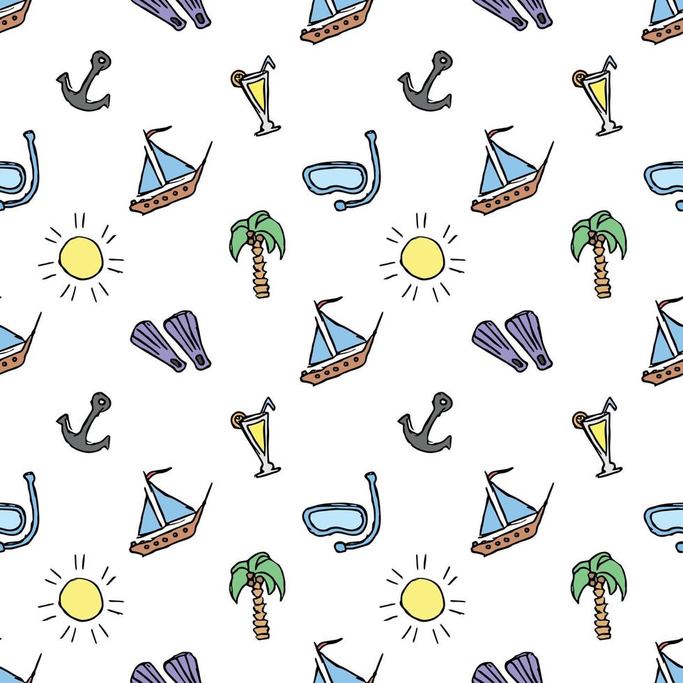 Summer seamless pattern. travel background. Travel vacation set of icons, journey and trip background. Doodle summer icons vector