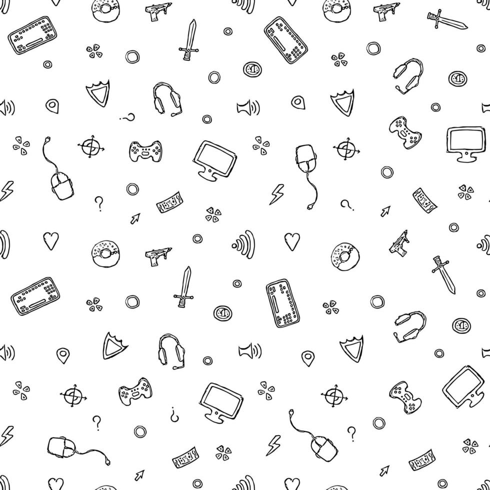 Seamless gaming pattern. Doodle background with gaming icons vector