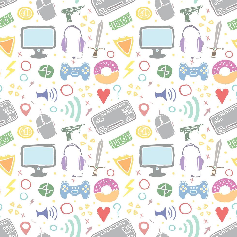 Seamless gaming pattern. Doodle background with gaming icons vector