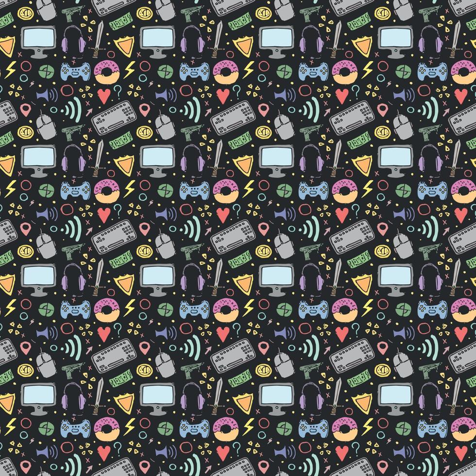 Seamless gaming pattern. Doodle background with gaming icons vector