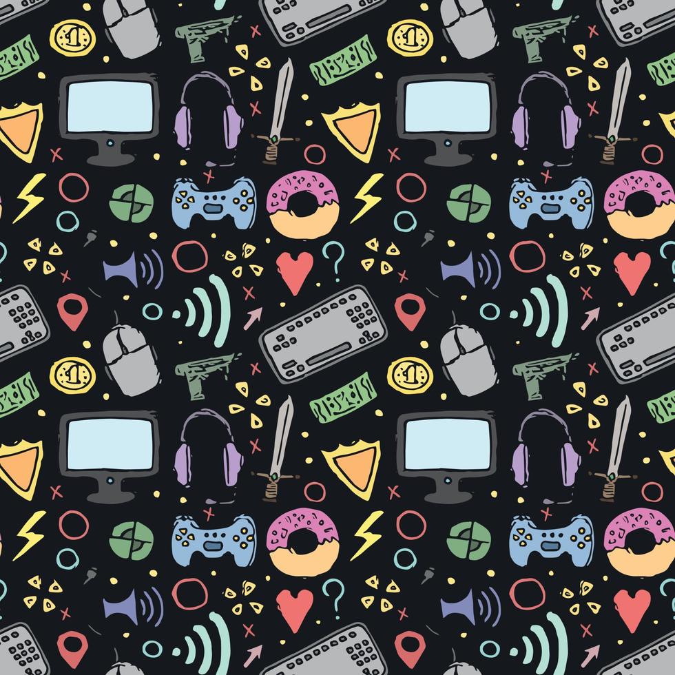 Seamless gaming pattern. Doodle background with gaming icons vector