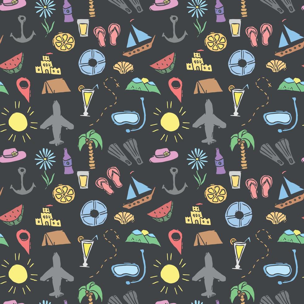 Summer seamless pattern. travel background. Travel vacation set of icons, journey and trip background. Doodle summer icons vector