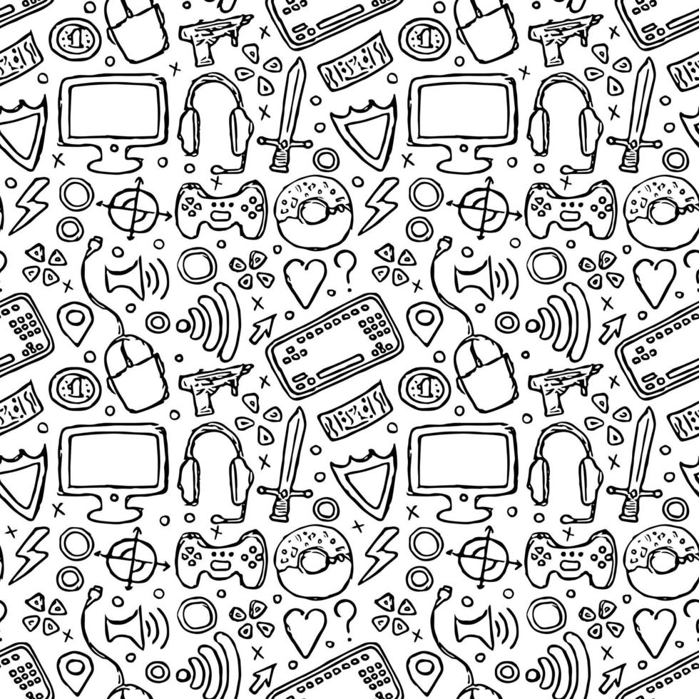 Seamless gaming pattern. Doodle background with gaming icons vector