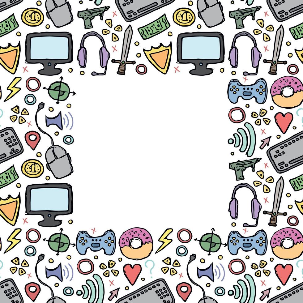 Seamless gaming frame. Doodle background with gaming icons vector