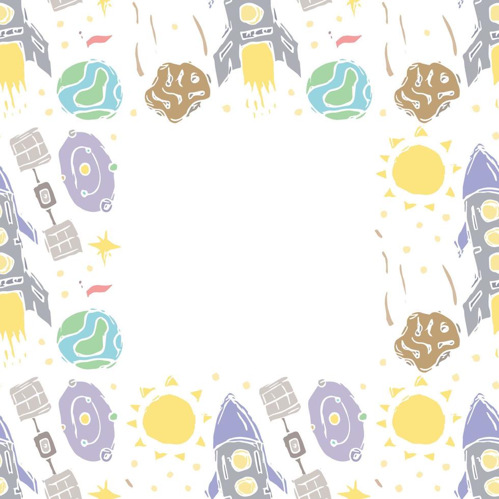 Seamless space frame. Cosmos background. Doodle vector space illustration