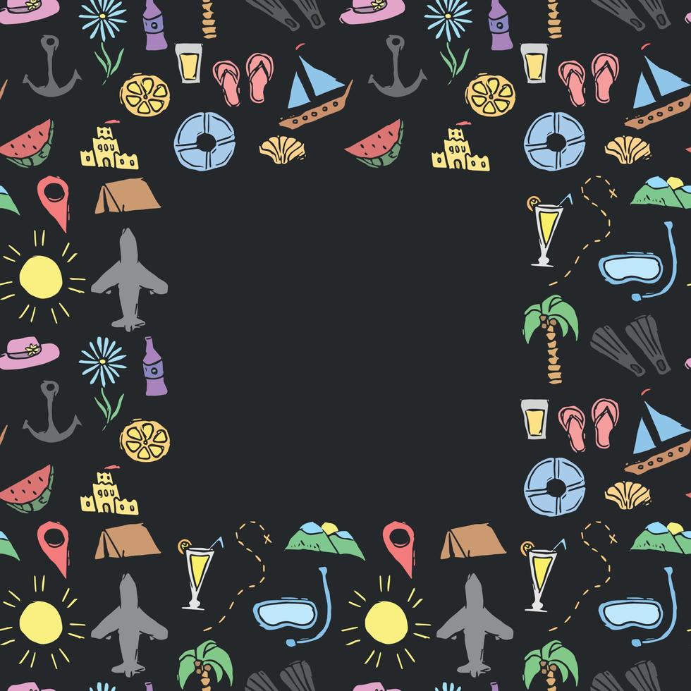 Summer seamless frame. travel background. Travel vacation set of icons, journey and trip background vector
