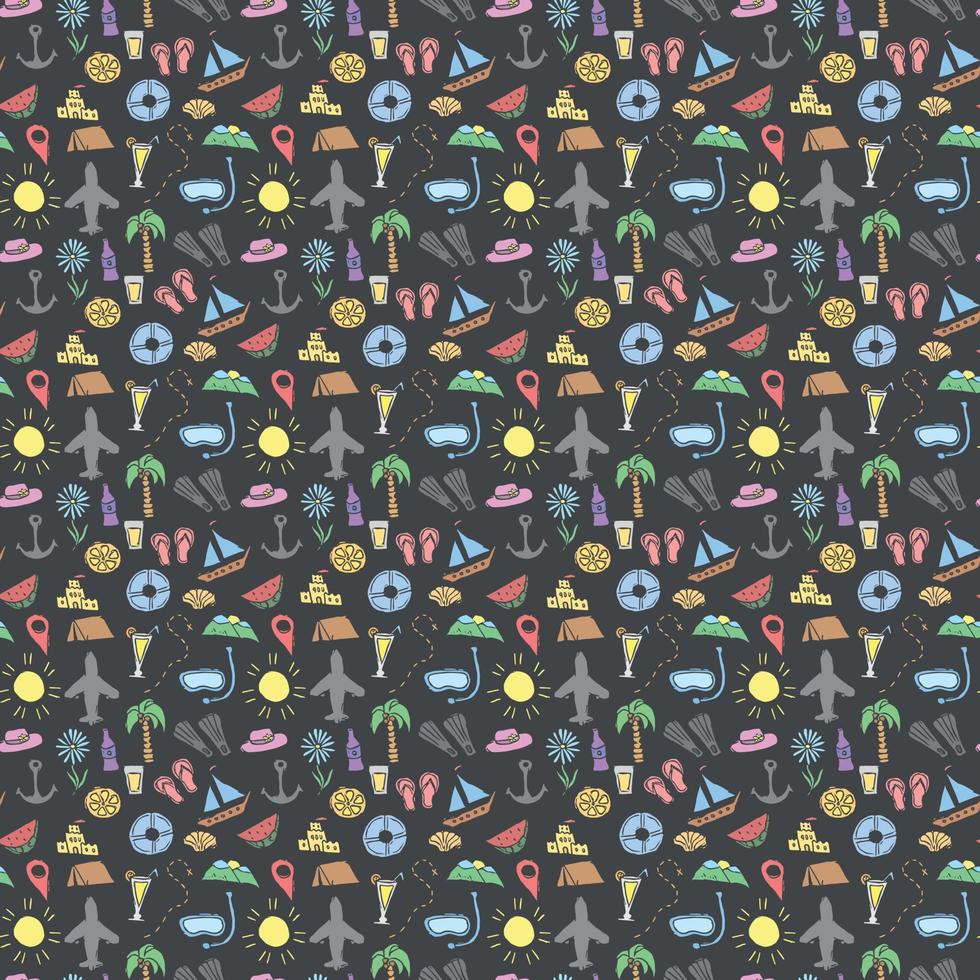 Summer seamless pattern. travel background. Travel vacation set of icons, journey and trip background. Doodle summer icons vector