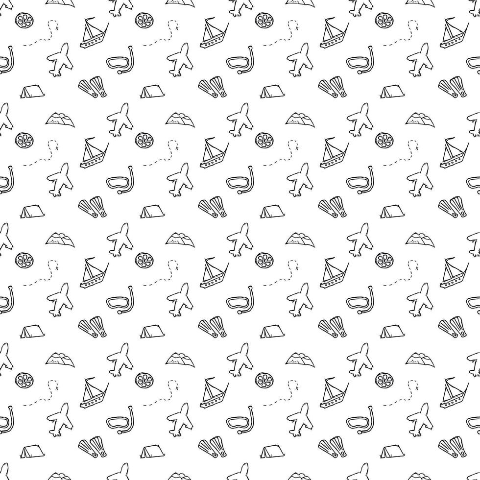 Summer seamless pattern. travel background. Travel vacation set of icons, journey and trip background. Doodle summer icons vector