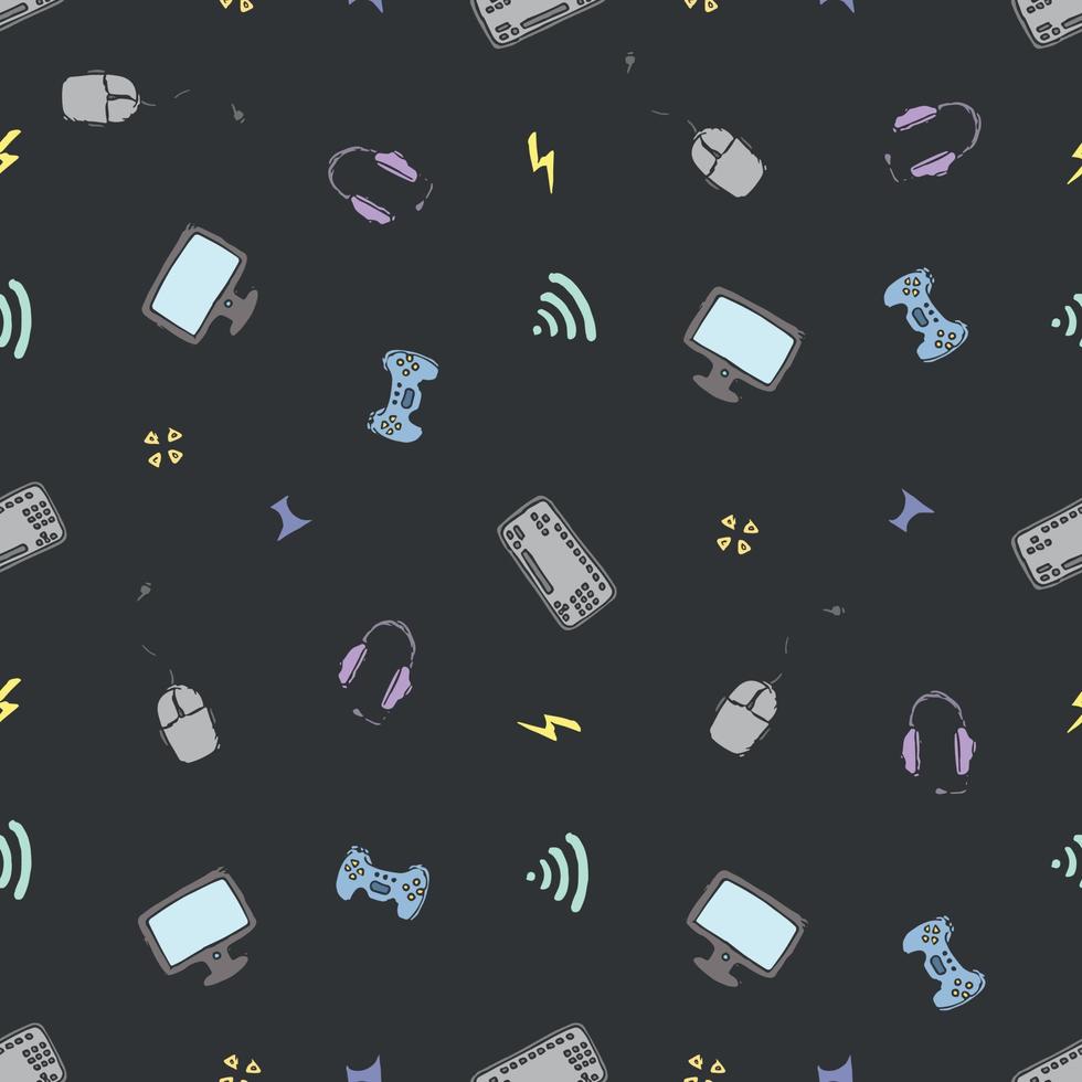 Seamless gaming pattern. Doodle background with gaming icons vector