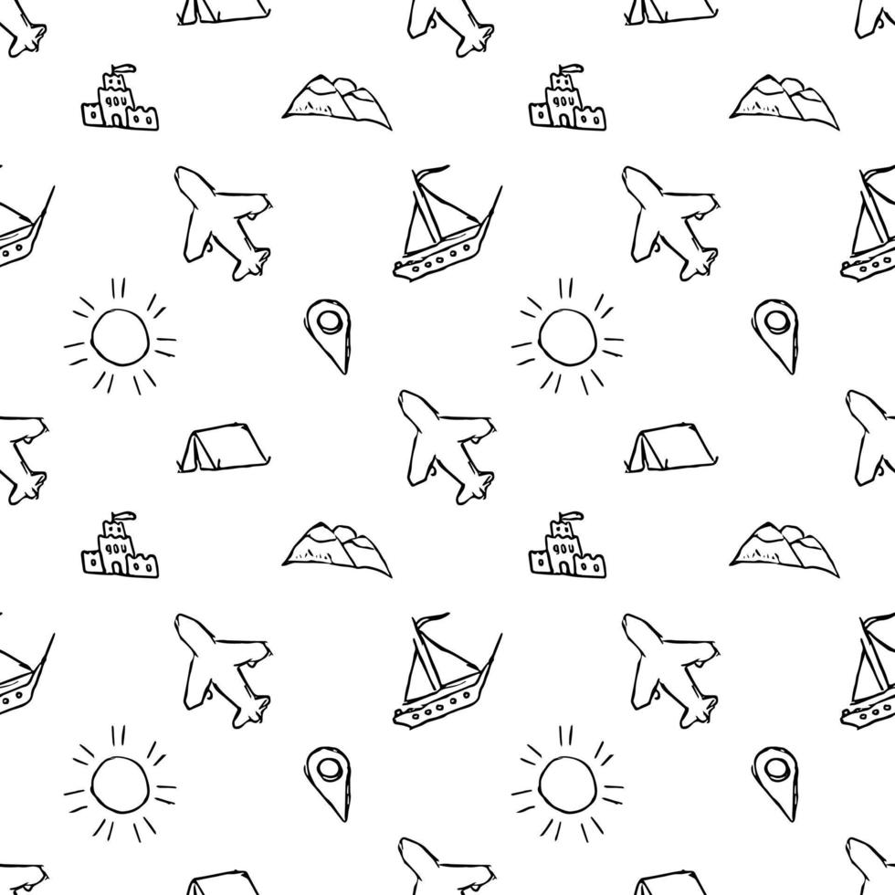 Summer seamless pattern. travel background. Travel vacation set of icons, journey and trip background. Doodle summer icons vector