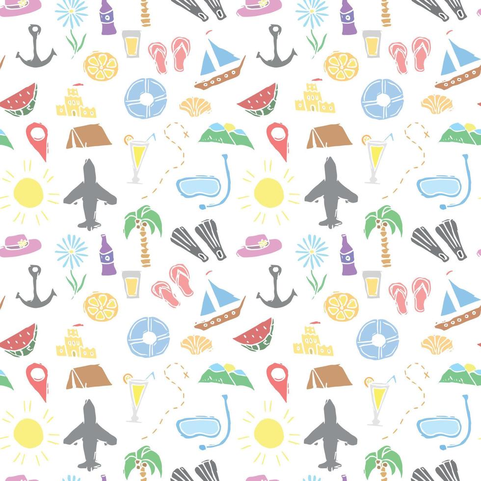 Summer seamless pattern. travel background. Travel vacation set of icons, journey and trip background. Doodle summer travel icons vector