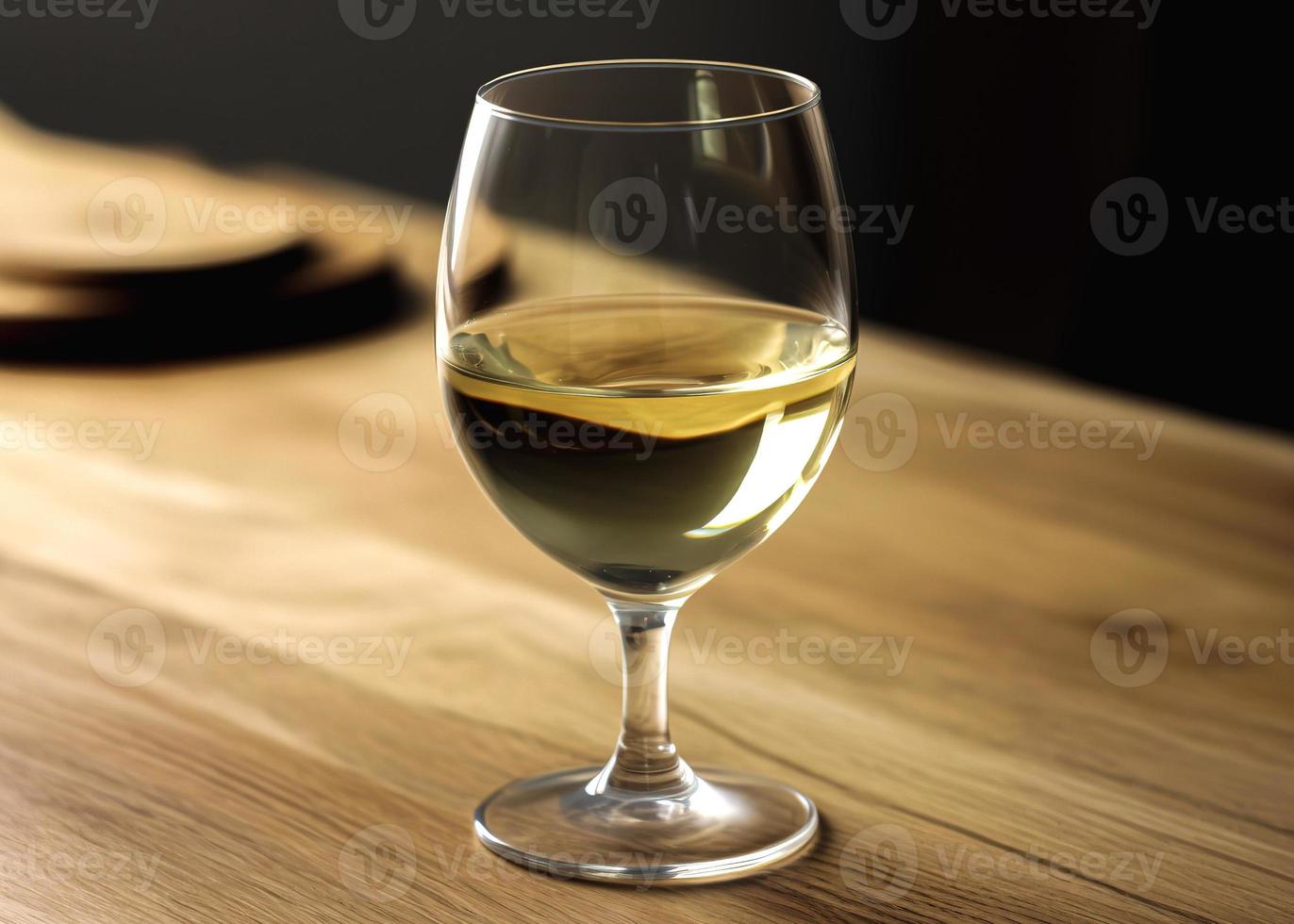 Copa de vino de blanco vino en un de madera mesa en un restaurante foto