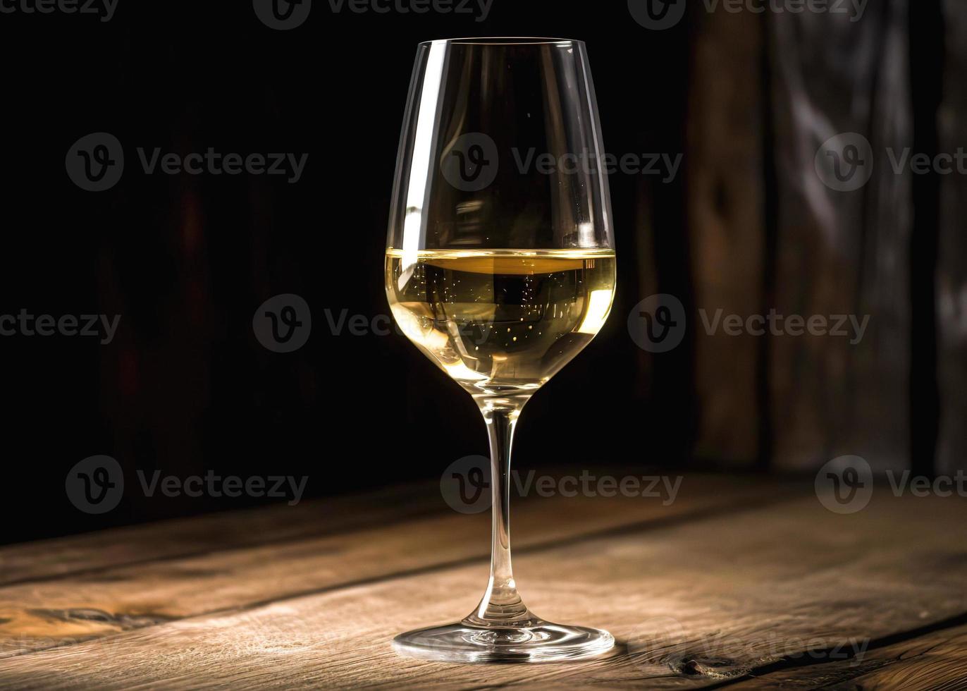 Copa de vino de blanco vino en un de madera mesa en un restaurante foto