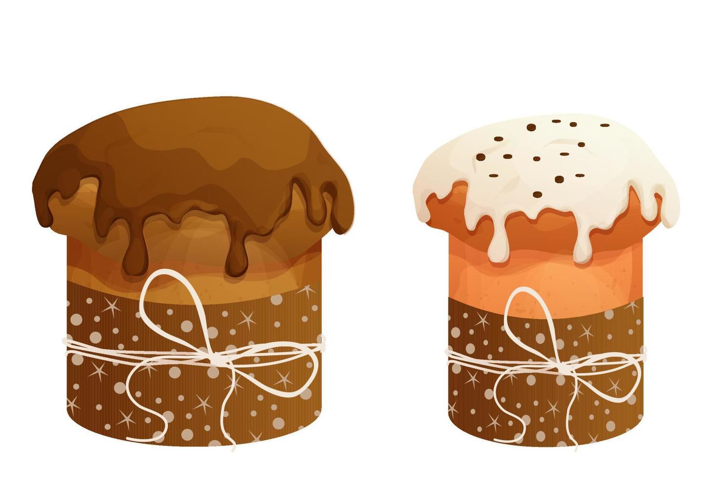 Set Panettone traditional, collection Easter cakes with glaze and decorations in cartoon style isolated on white background. Vector illustration