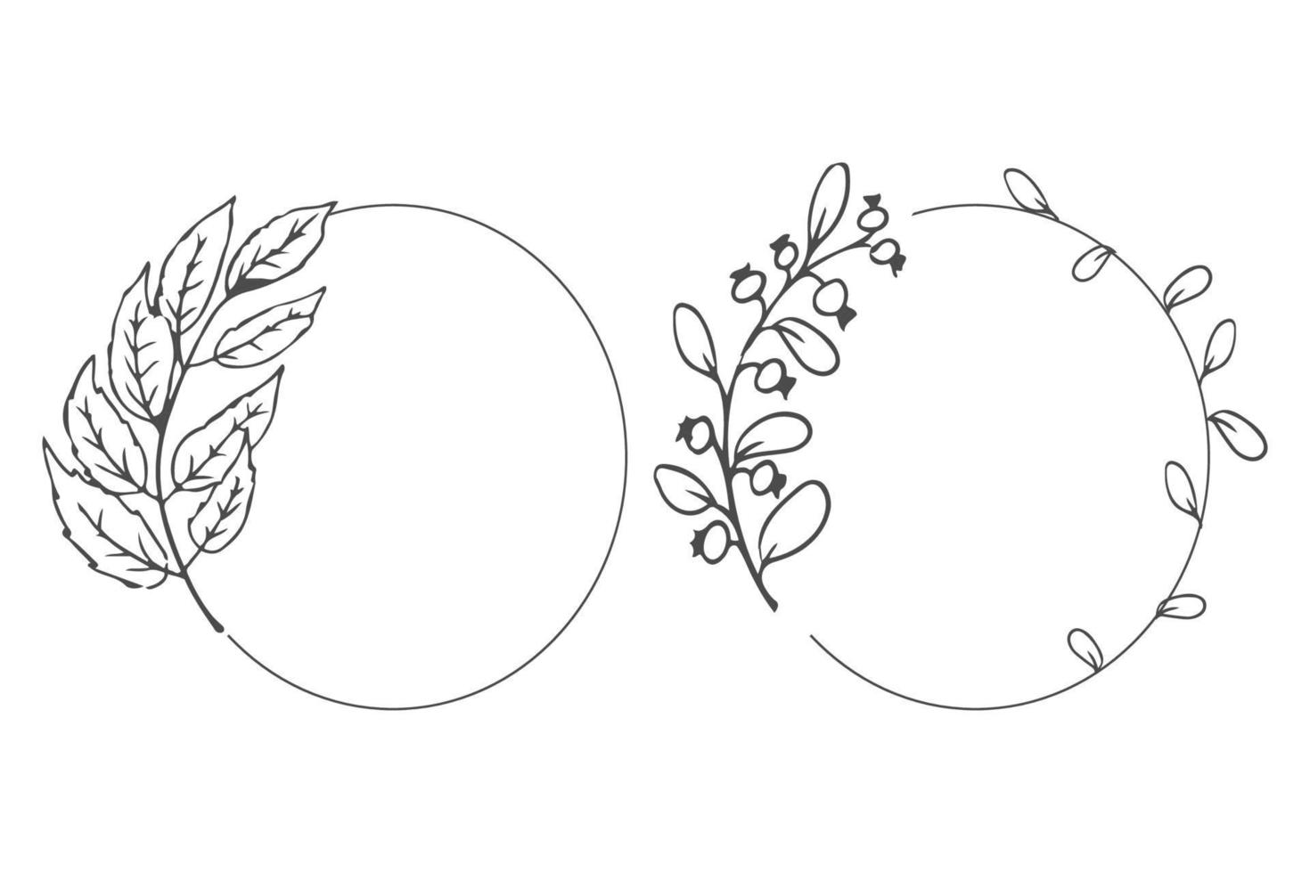 floral bohemian elegant aesthetic circle frame with leaves in doodle style isolated on white background. Vector illustration