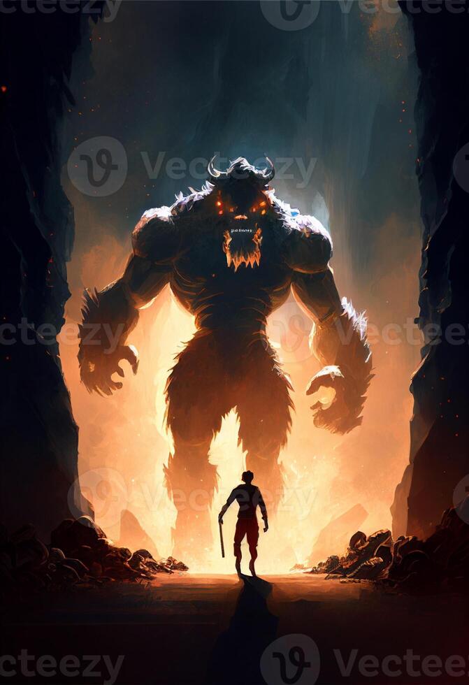 man standing in front of a giant monster. . photo