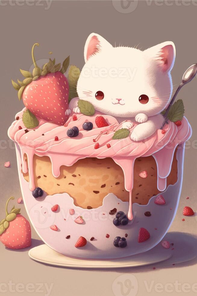 white cat sitting in a bowl of strawberries. . photo