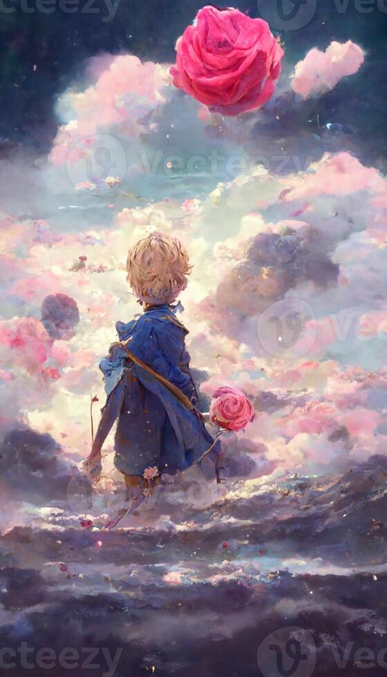 pintura de un pequeño chico en pie en el nubes generativo ai. foto