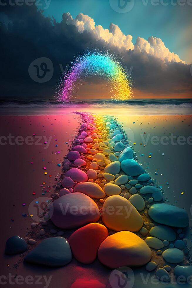 rainbow of rocks on a beach at sunset. . photo