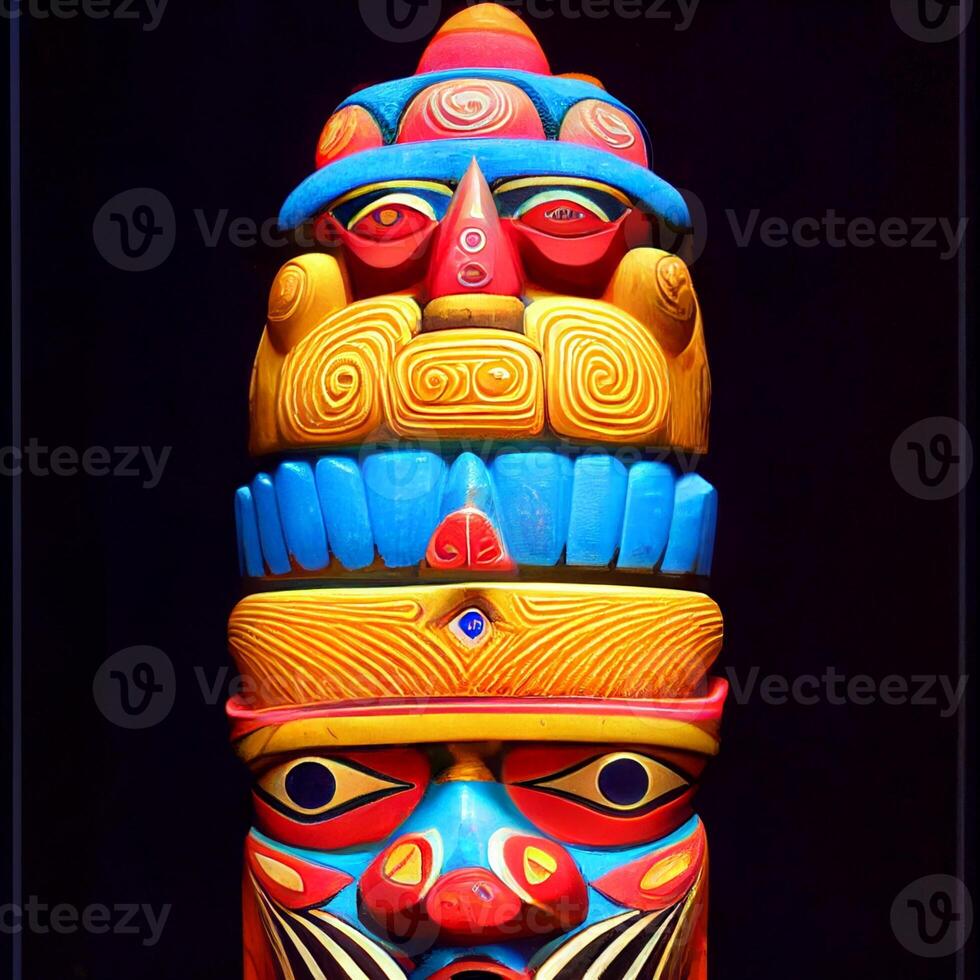 close up of a totem pole on a black background. . photo