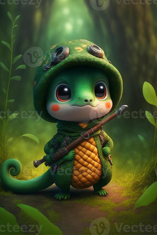 cartoon frog with a gun in a forest. . photo