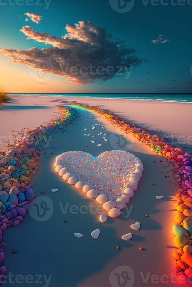 there is a heart made out of flowers on the beach. . photo